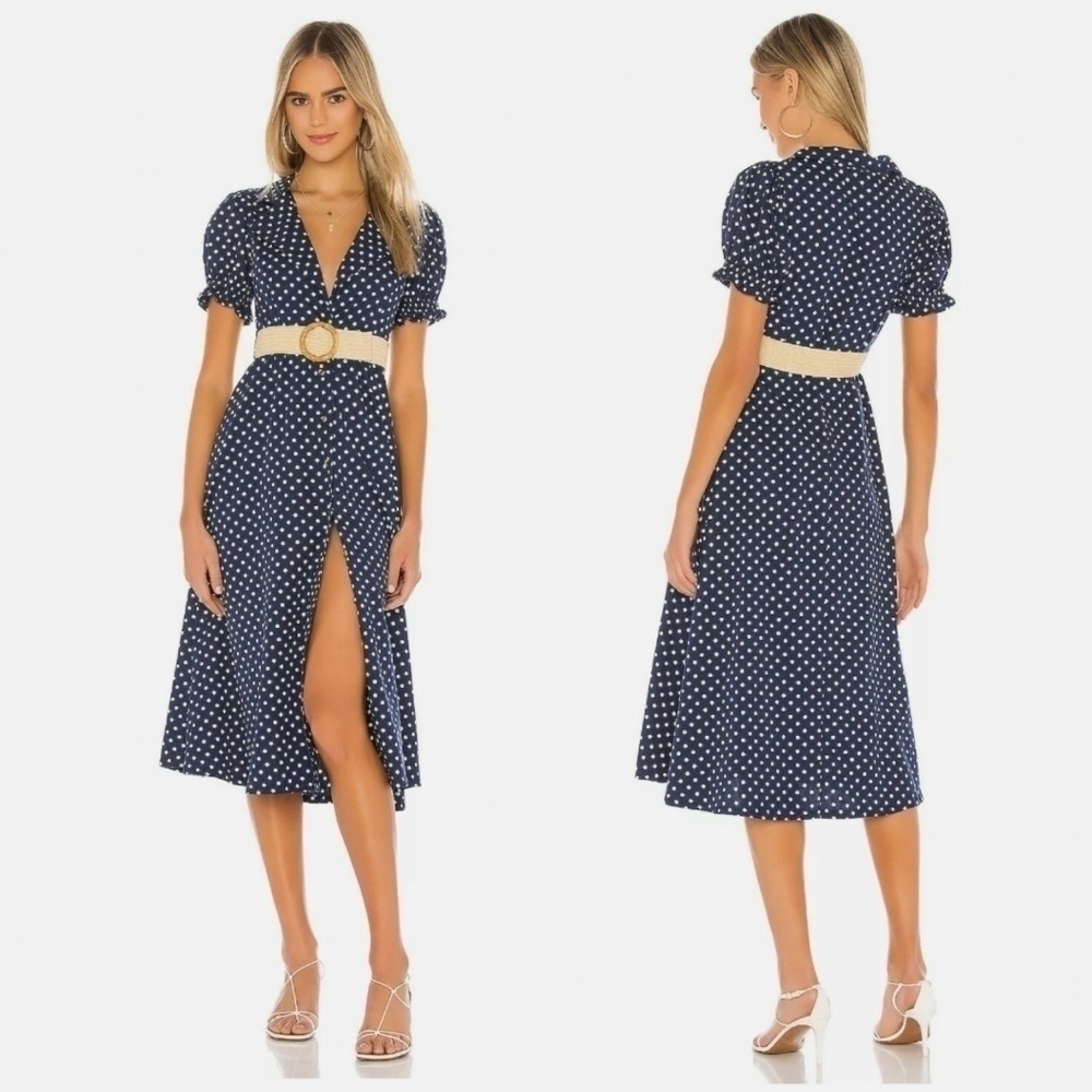 New WeWoreWhat Bella Midi Dress Polka Dot Estate Blue Button Front Belted NWT XL